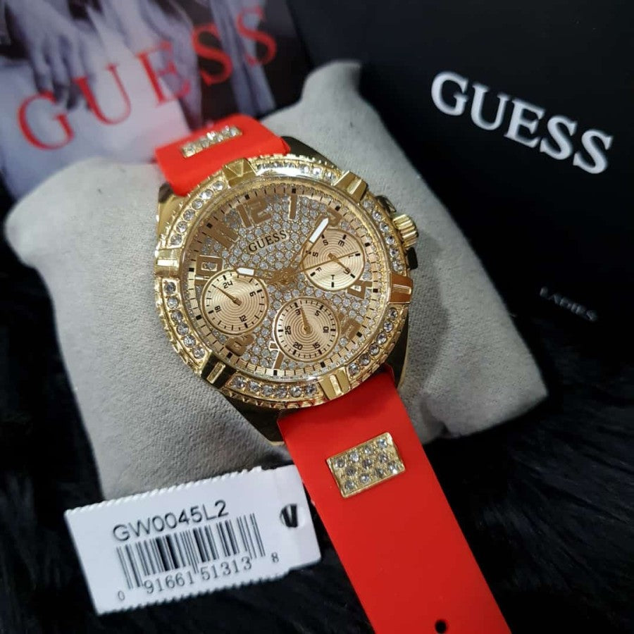  Shop Authentic Guess Frontier Diamonds Gold Dial Red Rubber Strap Watch for Women - GW0045L2 - Luxxuri