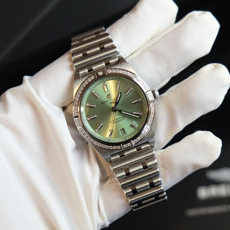  Shop Authentic Breitling Chronomat Automatic 36 Diamonds Green Dial Two Tone Steel Strap Watch for Women - A10380591L1A1 - Luxxuri