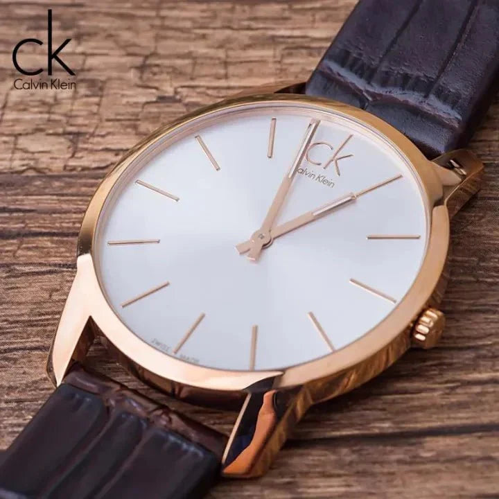  Shop Authentic Calvin Klein City White & Gold Dial Brown Leather Strap Watch For Women - K2G23620 - Luxxuri