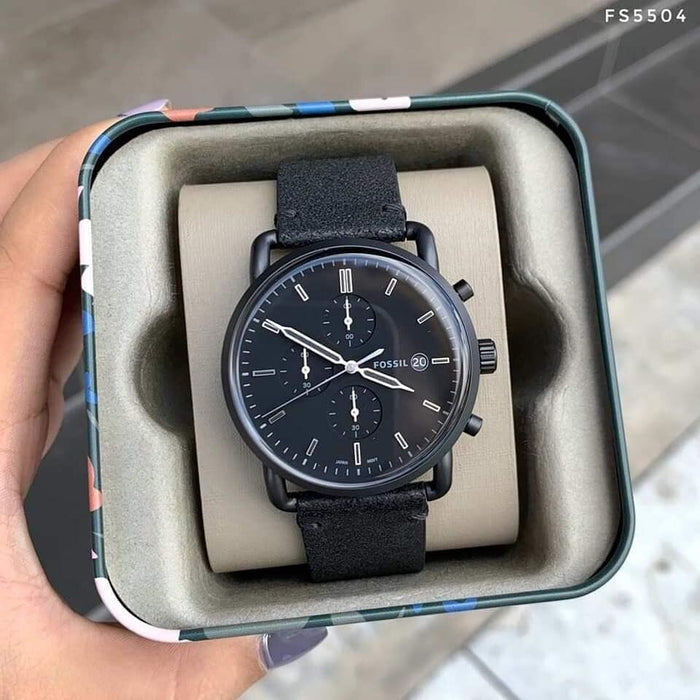  Shop Authentic Fossil Commuter Black Dial Black Leather Strap Watch for for Men - FS5504 - Luxxuri