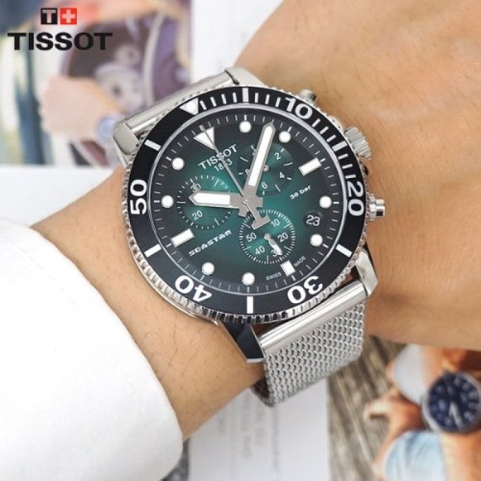 Shop Authentic Tissot Seastar 1000 Chronograph Green Dial Silver Mesh Bracelet Watch For Men - T120.417.11.091.00 - Luxxuri