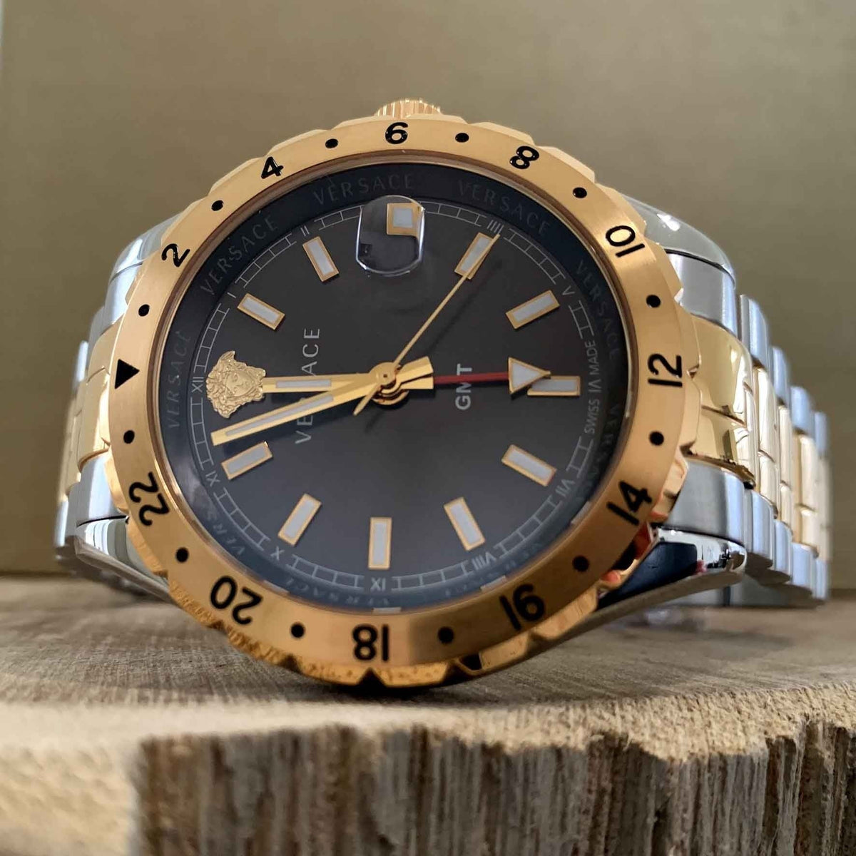  Shop Authentic Versace Hellenyium GMT Black Dial Two Tone Steel Strap Watch for Men - V11040015 - Luxxuri