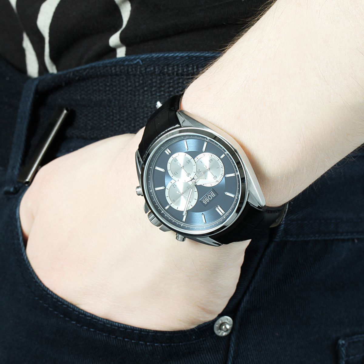  Shop Authentic Hugo Boss Driver Blue Dial Black Leather Strap Watch for Men - 1512882 - Luxxuri
