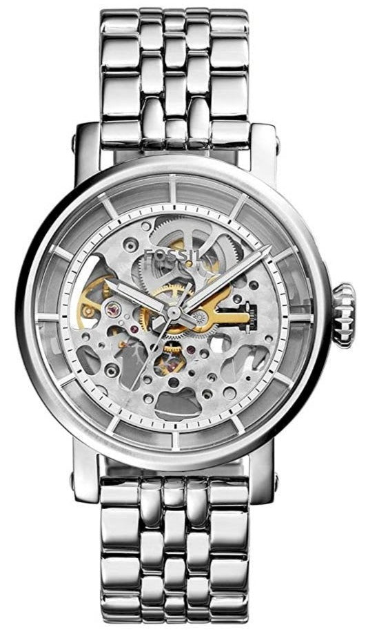  Shop Authentic Fossil Boyfriend Automatic Skeleton Silver Dial Silver Steel Strap Watch for Women - ME3067 - Luxxuri