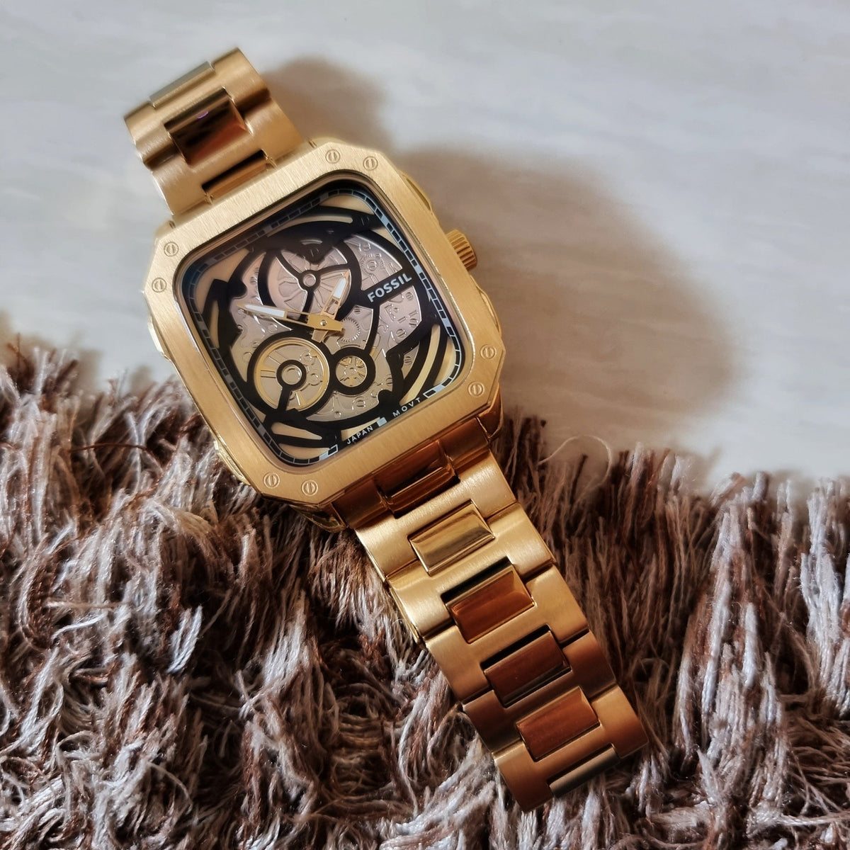  Shop Authentic Fossil Inscription Automatic Skeleton Black Dial Gold Steel Strap Watch for Men - BQ2573 - Luxxuri