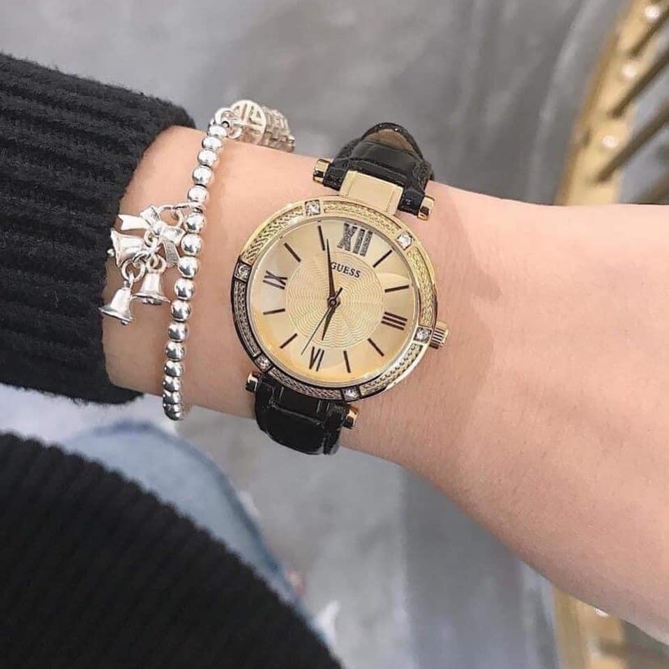  Shop Authentic Guess Park Avenue Quartz Gold Dial Black Leather Strap Watch For Women - W0838L1 - Luxxuri