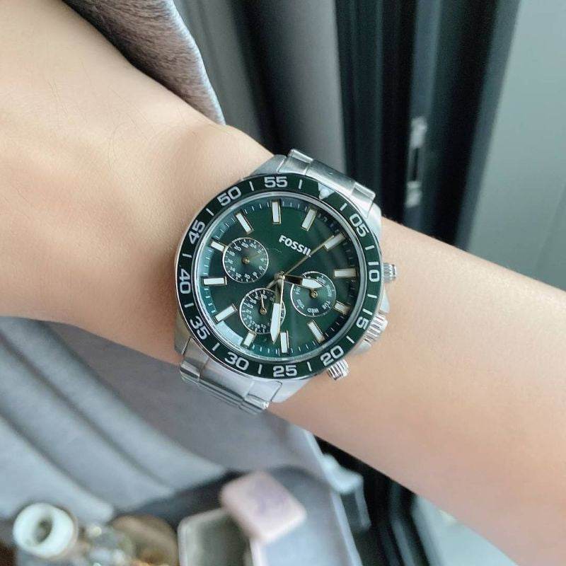  Shop Authentic Fossil Bannon Chronograph Green Dial Silver Steel Strap Watch for Men - BQ2492 - Luxxuri