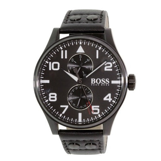  Shop Authentic Hugo Boss Aeroliner Chronograph Black Dial Black Leather Strap Watch For Men - 1513086 - Luxxuri