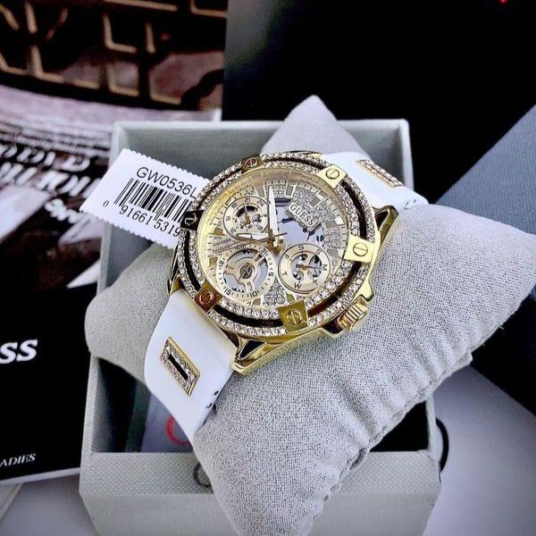 Shop Authentic Guess Queen Quartz Gold Dial White Silicone Strap Watch For Women - GW0536L2 - Luxxuri