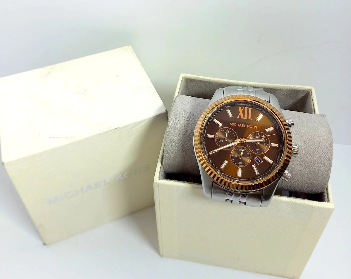  Shop Authentic Michael Kors Lexington Chronograph Brown Dial Silver Steel Strap Watch For Men - MK8732 - Luxxuri