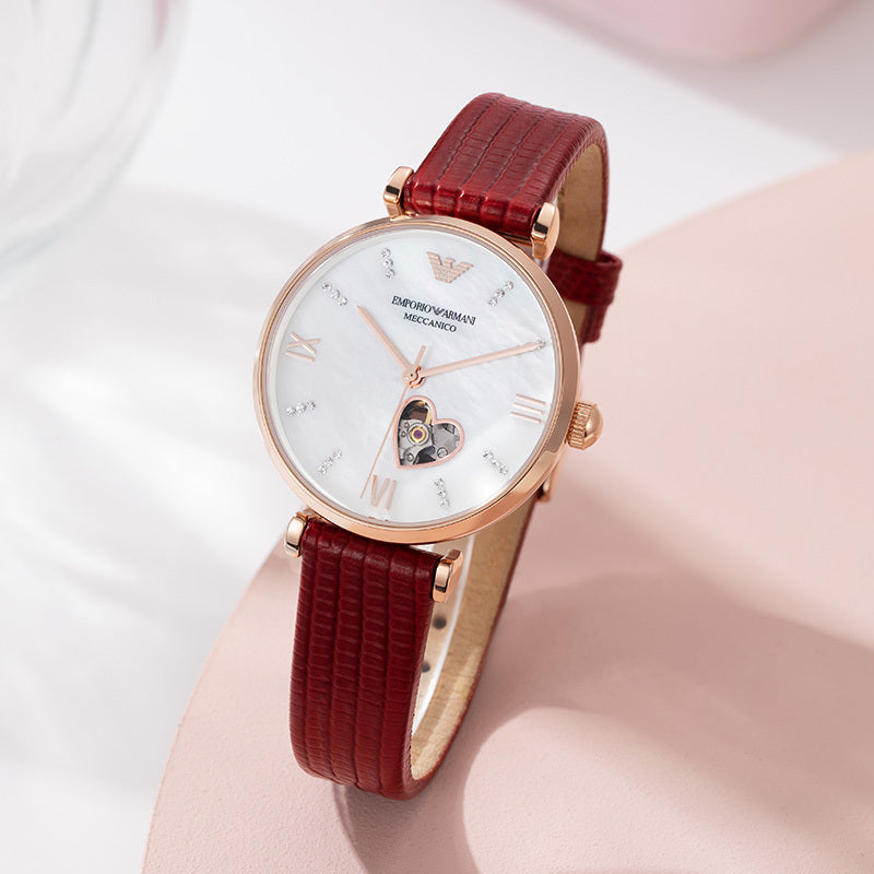  Shop Authentic Emporio Armani Gianni T-Bar Mother of Pearl White Dial Red Leather Strap Watch For Women - AR60048 - Luxxuri