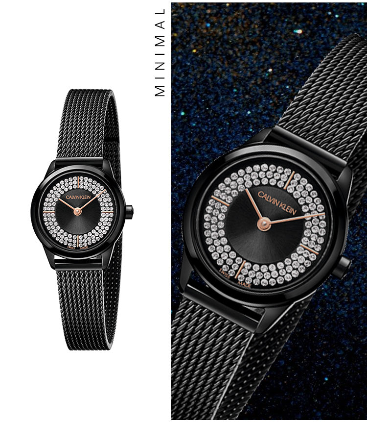  Shop Authentic Calvin Klein Minimal Diamonds Black Dial Black Mesh Bracelet Watch for Women - K3M2342R - Luxxuri