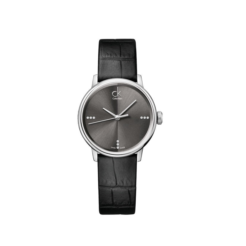  Shop Authentic Calvin Klein Grey Dial Black Leather Strap Watch for Women - K2Y2Y1CU - Luxxuri