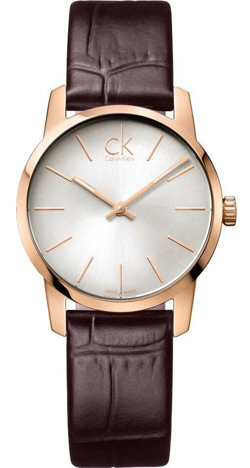  Shop Authentic Calvin Klein City White Mother of Pearl Dial Brown Leather Strap Watch for Women - K2G23620 - Luxxuri