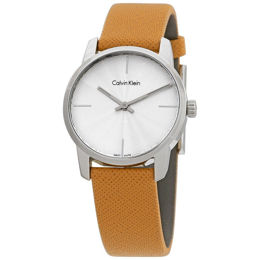  Shop Authentic Calvin Klein City Silver Dial Orange Leather Strap Watch for Women - K2G231G6 - Luxxuri