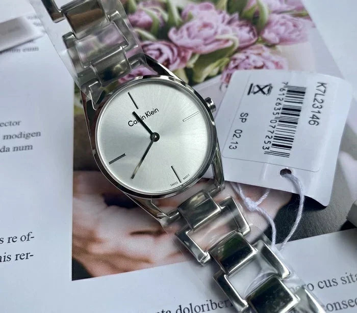  Shop Authentic Calvin Klein Dainty Silver Dial Silver Steel Strap Watch for Women - K7L23146 - Luxxuri