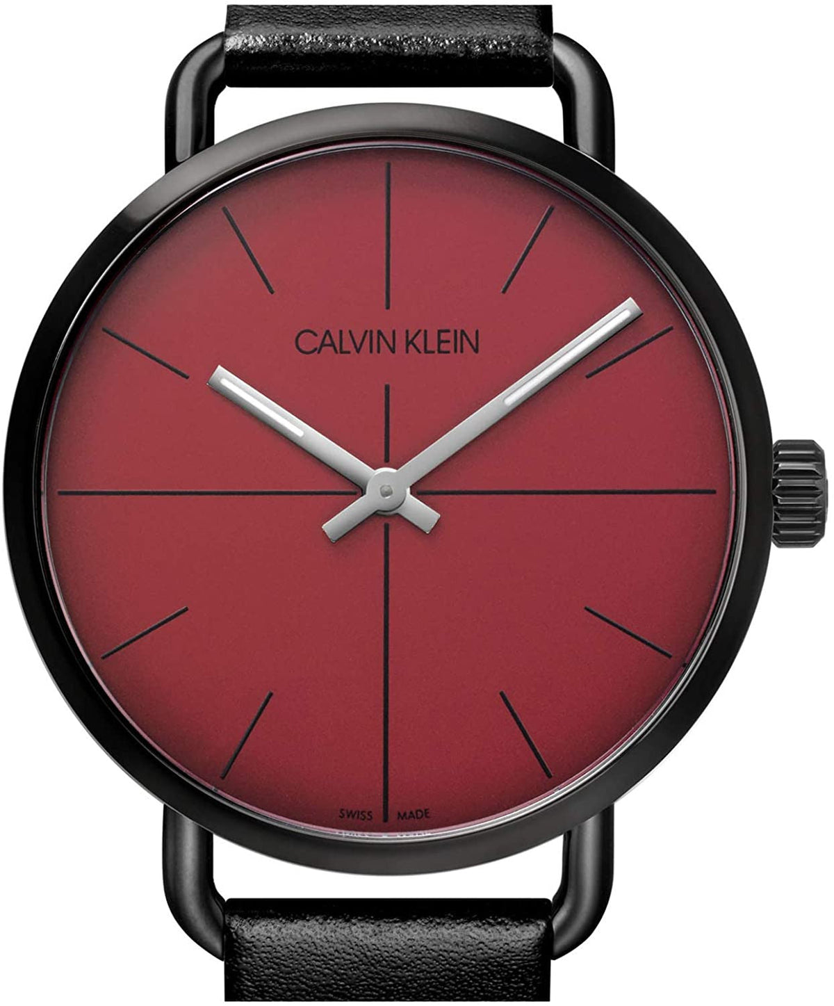  Shop Authentic Calvin Klein Even Maroon Dial Black Leather Strap Watch for Men - K7B214CP - Luxxuri