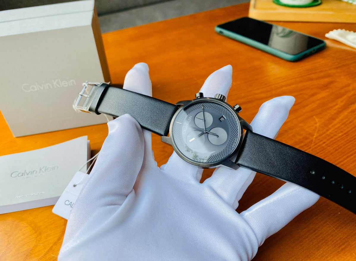  Shop Authentic Calvin Klein City Chronograph Grey Dial Black Leather Strap Watch for Men - K2G177C3 - Luxxuri
