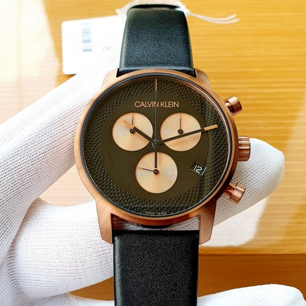  Shop Authentic Calvin Klein City Chronograph Black Dial Black Leather Strap Watch for Men - K2G17TC1 - Luxxuri