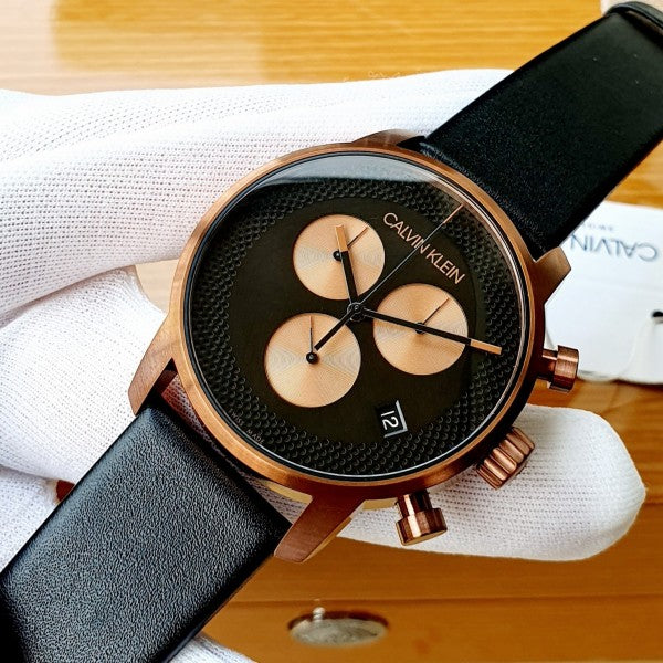  Shop Authentic Calvin Klein City Chronograph Black Dial Black Leather Strap Watch for Men - K2G17TC1 - Luxxuri