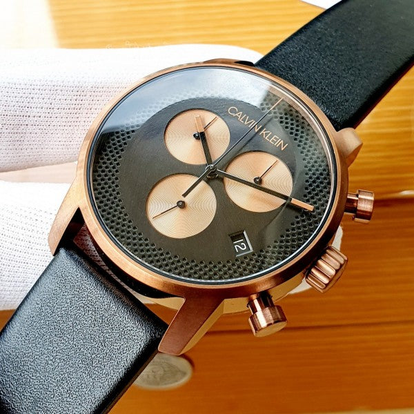  Shop Authentic Calvin Klein City Chronograph Black Dial Black Leather Strap Watch for Men - K2G17TC1 - Luxxuri