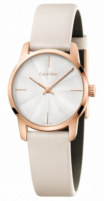  Shop Authentic Calvin Klein City Silver Dial White Leather Strap Watch for Women - K2G236X6 - Luxxuri