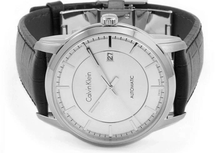  Shop Authentic Calvin Klein Infinity Silver Dial Black Leather Strap Watch for Men - K5S341C6 - Luxxuri