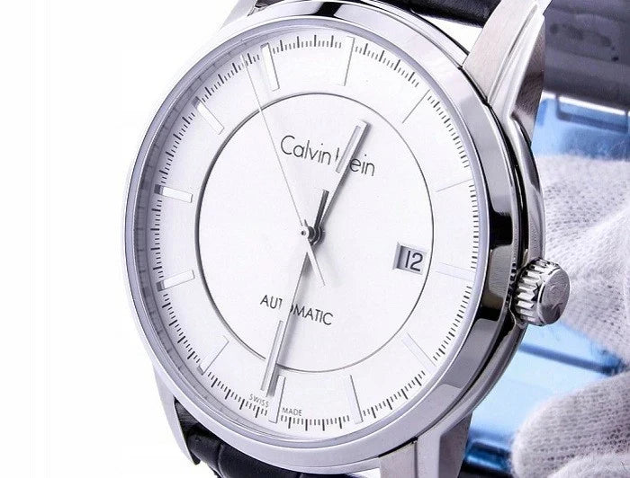  Shop Authentic Calvin Klein Infinity Silver Dial Black Leather Strap Watch for Men - K5S341C6 - Luxxuri
