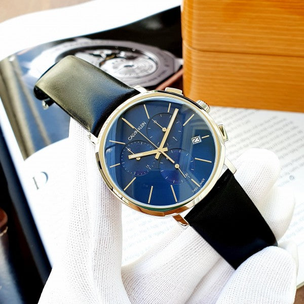  Shop Authentic Calvin Klein Chronograph Blue Dial Black Leather Strap Watch for Men - K8Q371CN - Luxxuri