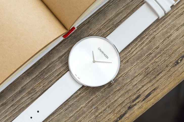  Shop Authentic Calvin Klein Full Moon White Dial White Leather Strap Watch for Women - K8Y231L6 - Luxxuri