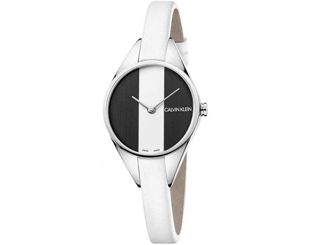  Shop Authentic Calvin Klein Rebel White Black Dial White Leather Strap Watch for Women - K8P231L1 - Luxxuri