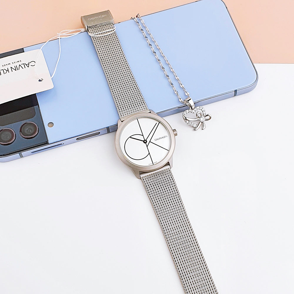  Shop Authentic Calvin Klein Minimal White Dial Silver Mesh Bracelet Watch for Women - K3M5215X - Luxxuri
