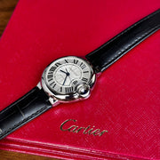  Shop Authentic Cartier Ballon Bleu De Cartier Silver Dial Black Leather Strap Watch for Women - WSBB0030 - Luxxuri