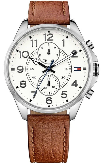  Shop Authentic Tommy Hilfiger Dean Quartz Multifunction White Dial Brown Leather Strap Watch for Men - 1791274 - Luxxuri