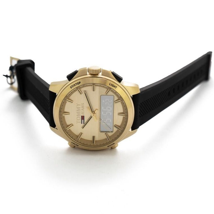 Shop Authentic Tommy Hilfiger Jeans Digital Analog Gold Dial Black Rubber Strap Watch For Women  - 1791762 - Luxxuri