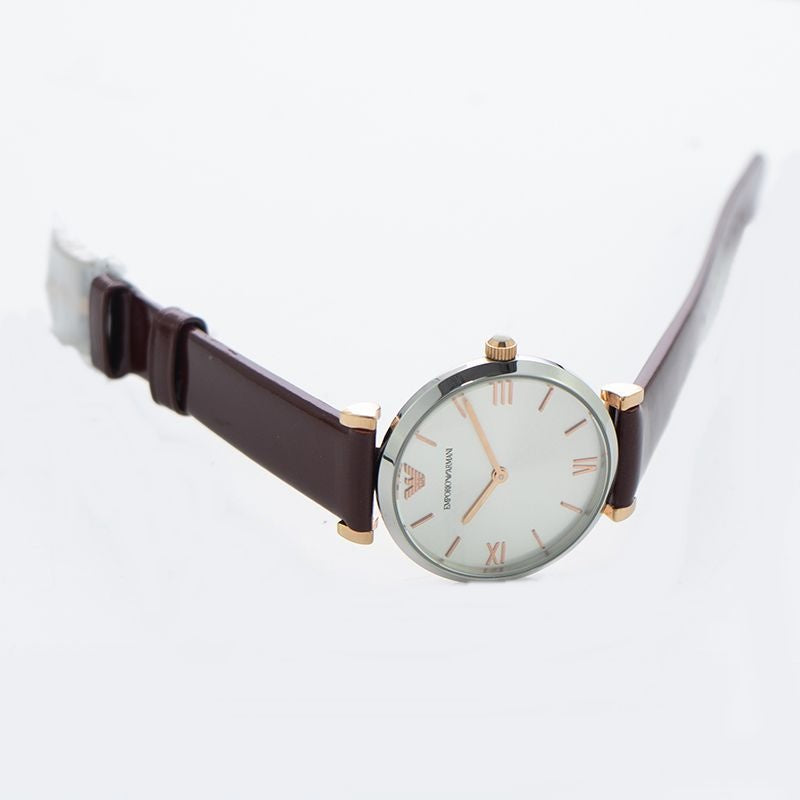  Shop Authentic Emporio Armani Gianni T-Bar Quartz Silver Dial Brown Leather Strap Watch For Women - AR11061 - Luxxuri