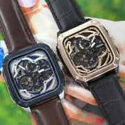  Shop Authentic Fossil Inscription Automatic Skeleton Blue Dial Brown Leather Strap Watch for Men - BQ2571 - Luxxuri