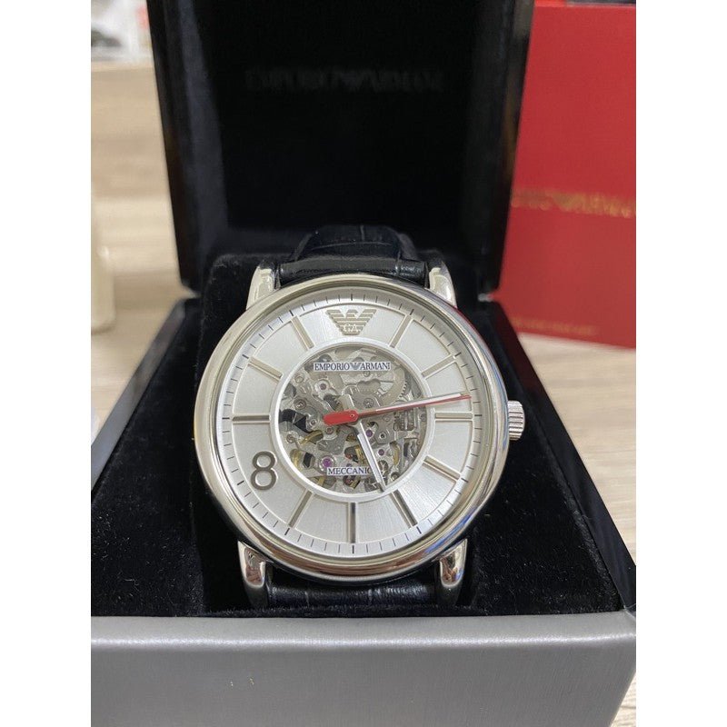  Shop Authentic Emporio Armani Meccanico Silver Skeleton Dial Black Leather Watch For Men - AR1997 - Luxxuri