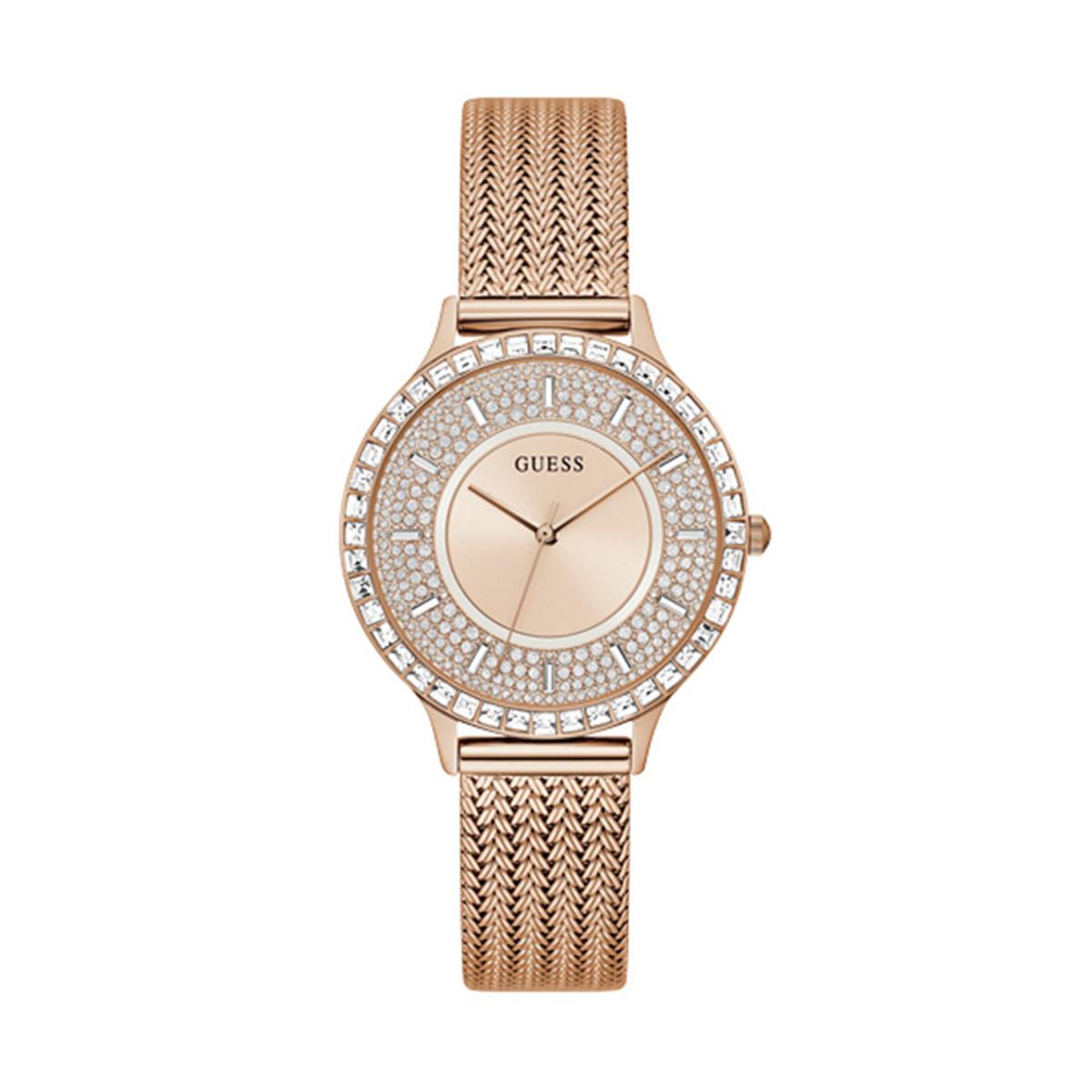  Shop Authentic Guess Soiree Diamonds Rose Gold Dial Rose Gold Mesh Bracelet Watch for Women - GW0402L3 - Luxxuri