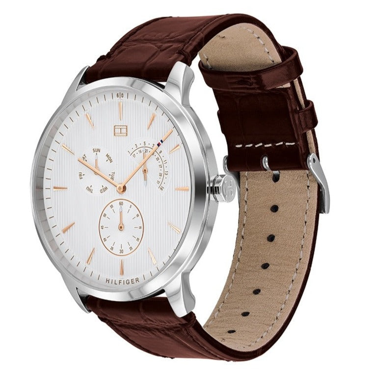  Shop Authentic Tommy Hilfiger Brad Chronograph White Dial Brown Leather Strap Watch For Men - 1710389 - Luxxuri