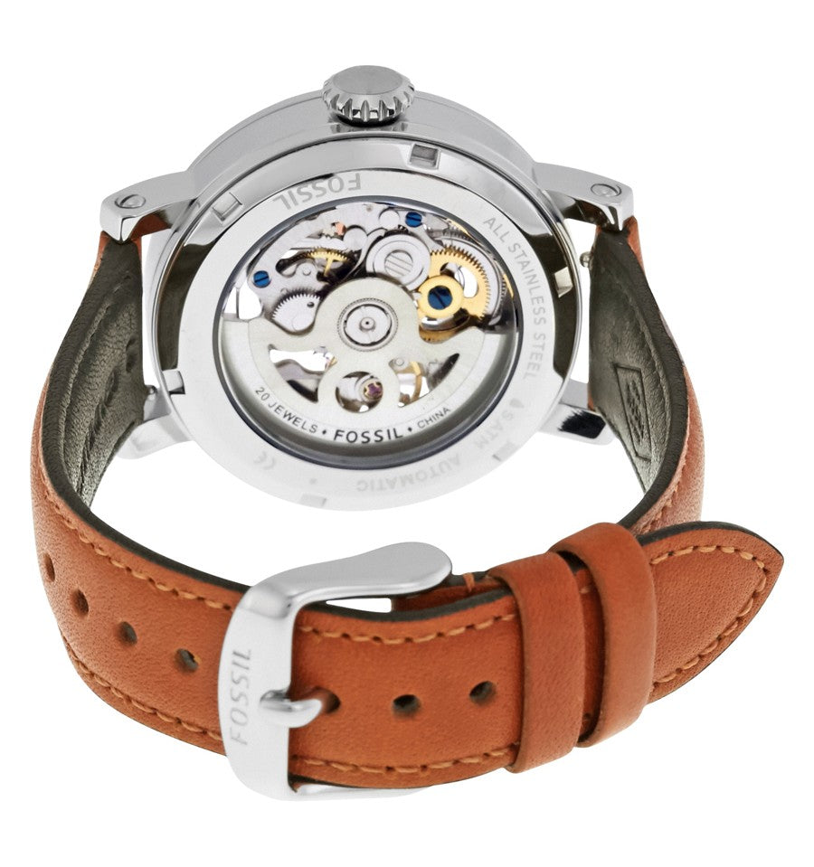  Shop Authentic Fossil Boyfriend Automatic Skeleton Silver Dial Brown Leather Strap Watch for Women - ME3109 - Luxxuri