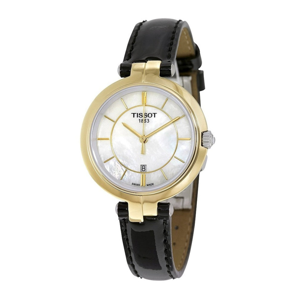  Shop Authentic Tissot Flamingo Mother of Pearl White Dial Black Leather Strap Watch For Women - T094.210.26.111.00 - Luxxuri