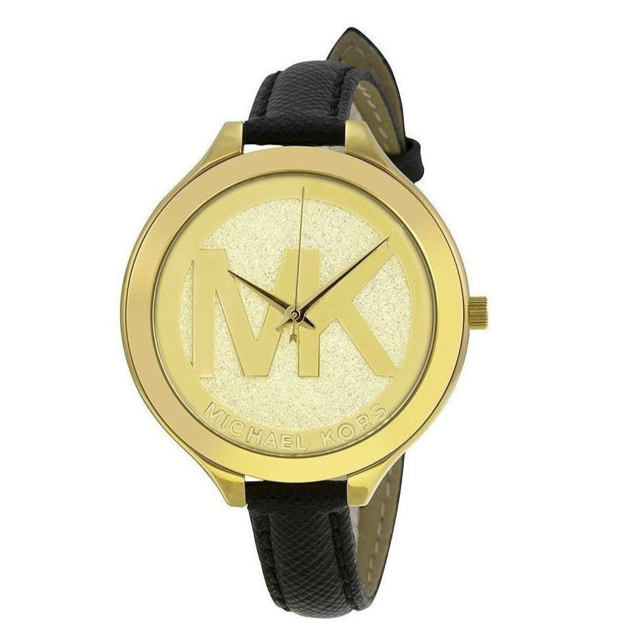  Shop Authentic Michael Kors Slim Runway Quartz Gold Dial Black Leather Strap Watch For Women - MK2392 - Luxxuri