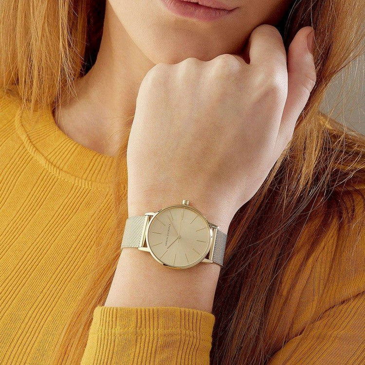  Shop Authentic Armani Exchange Lola Analog Gold Dial Gold Mesh Strap Watch For Women - AX5536 - Luxxuri
