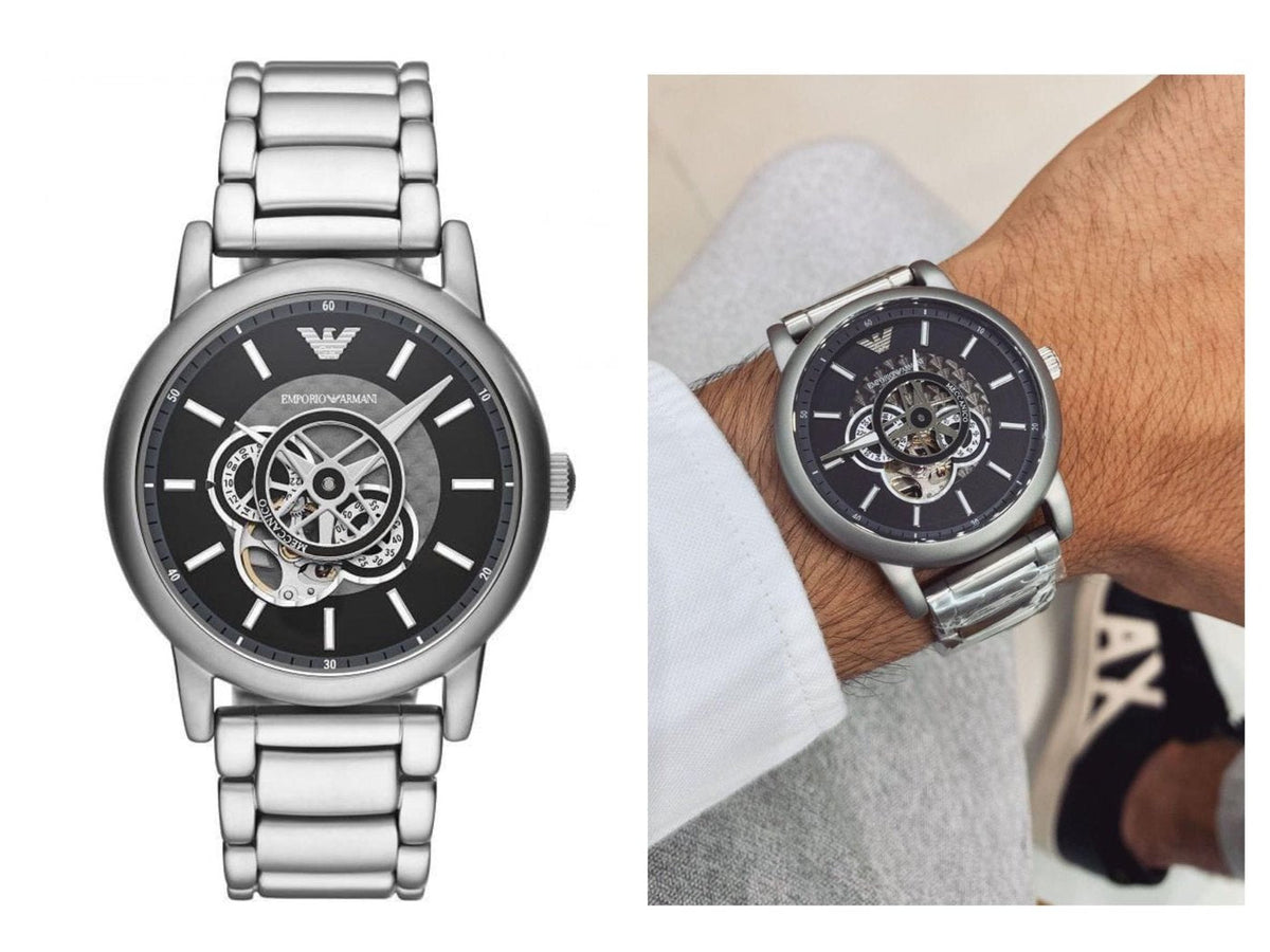  Shop Authentic Emporio Armani Meccanico Automatic Skeleton Black Dial Silver Steel Strap Watch For Men - AR60021 - Luxxuri