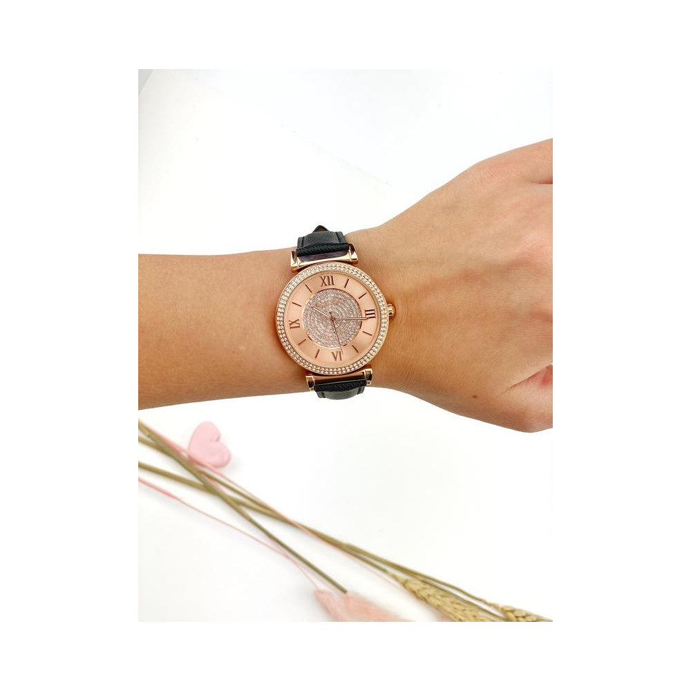  Shop Authentic Michael Kors Catlin Rose Gold Crystal Dial Black Leather Strap Watch for Women - MK2376 - Luxxuri