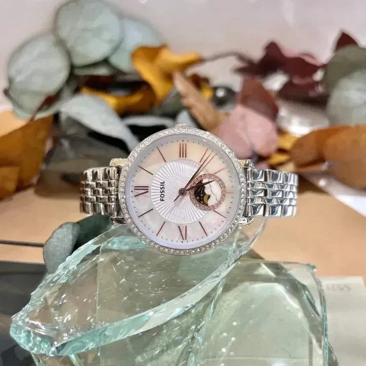  Shop Authentic Fossil Jacqueline Multifunction Moonphase White Dial Silver Steel Strap Watch for Women - ES5164 - Luxxuri