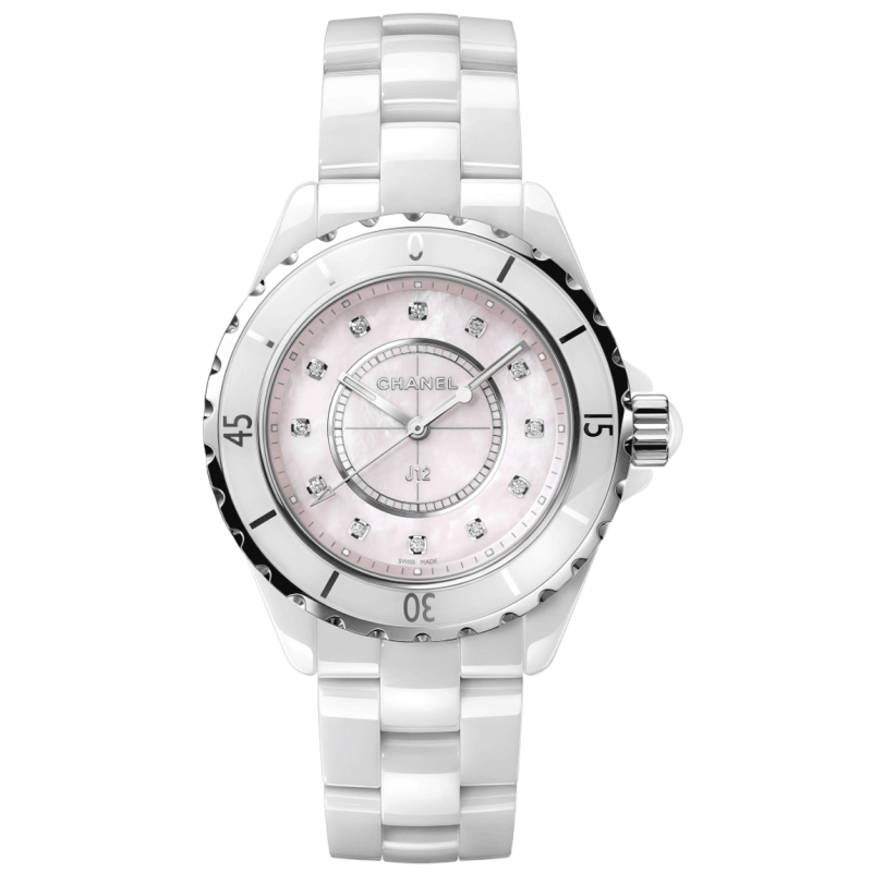  Shop Authentic Chanel J12 Quartz Diamonds Pink Dial White Steel Strap Watch for Women - J12 H5513 - Luxxuri