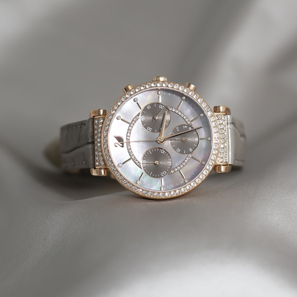  Shop Authentic Swarovski Passage Chrono Grey Dial Grey Leather Strap Watch for Women - 5580348 - Luxxuri