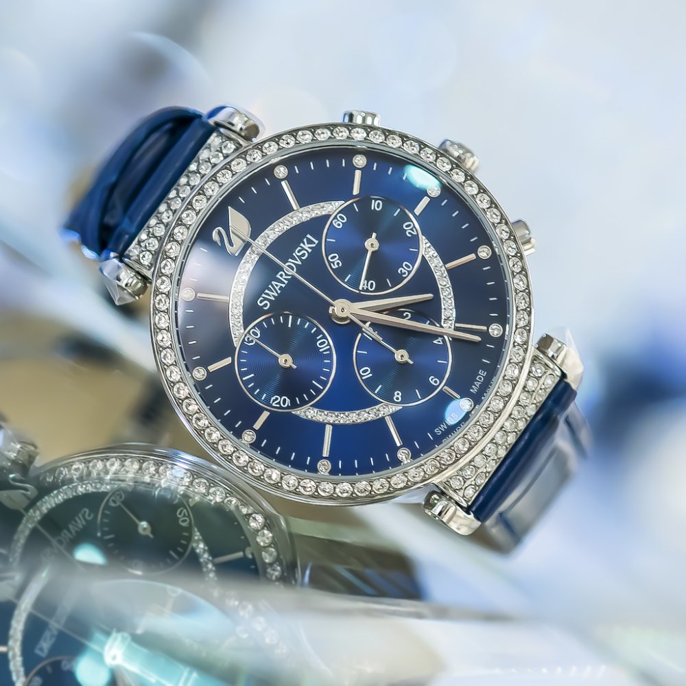  Shop Authentic Swarovski Passage Chrono Crystal Blue Dial Blue Leather Strap Watch for Women - 5580342 - Luxxuri